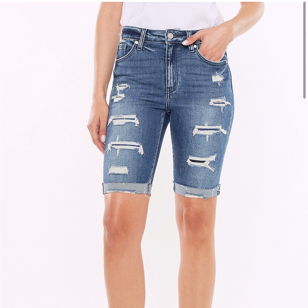 KanCan™ High Rise Dark Wash Ripped Cuff Hem 10in Bermuda Jean Short